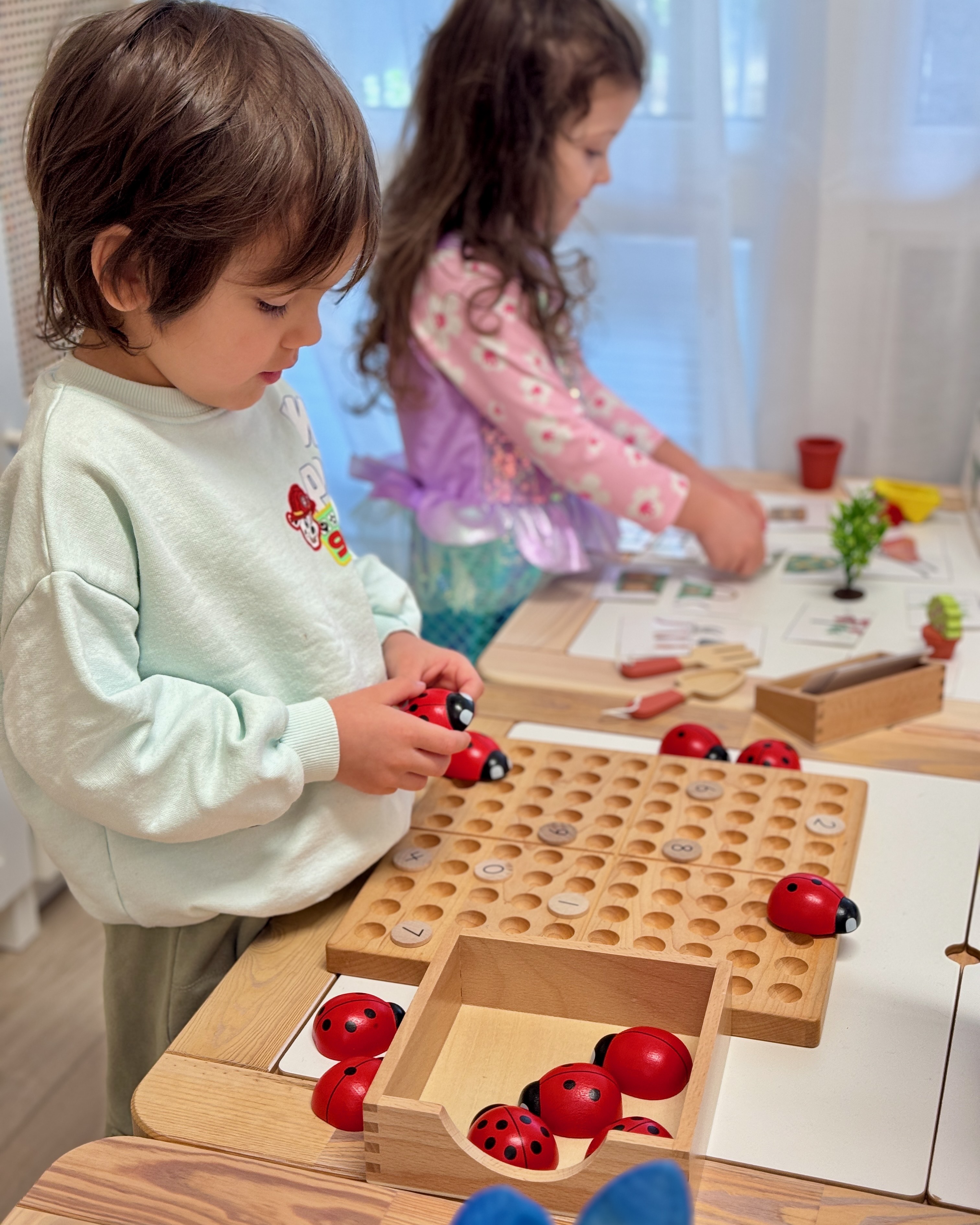 Children counting with hands-on ladybug materials