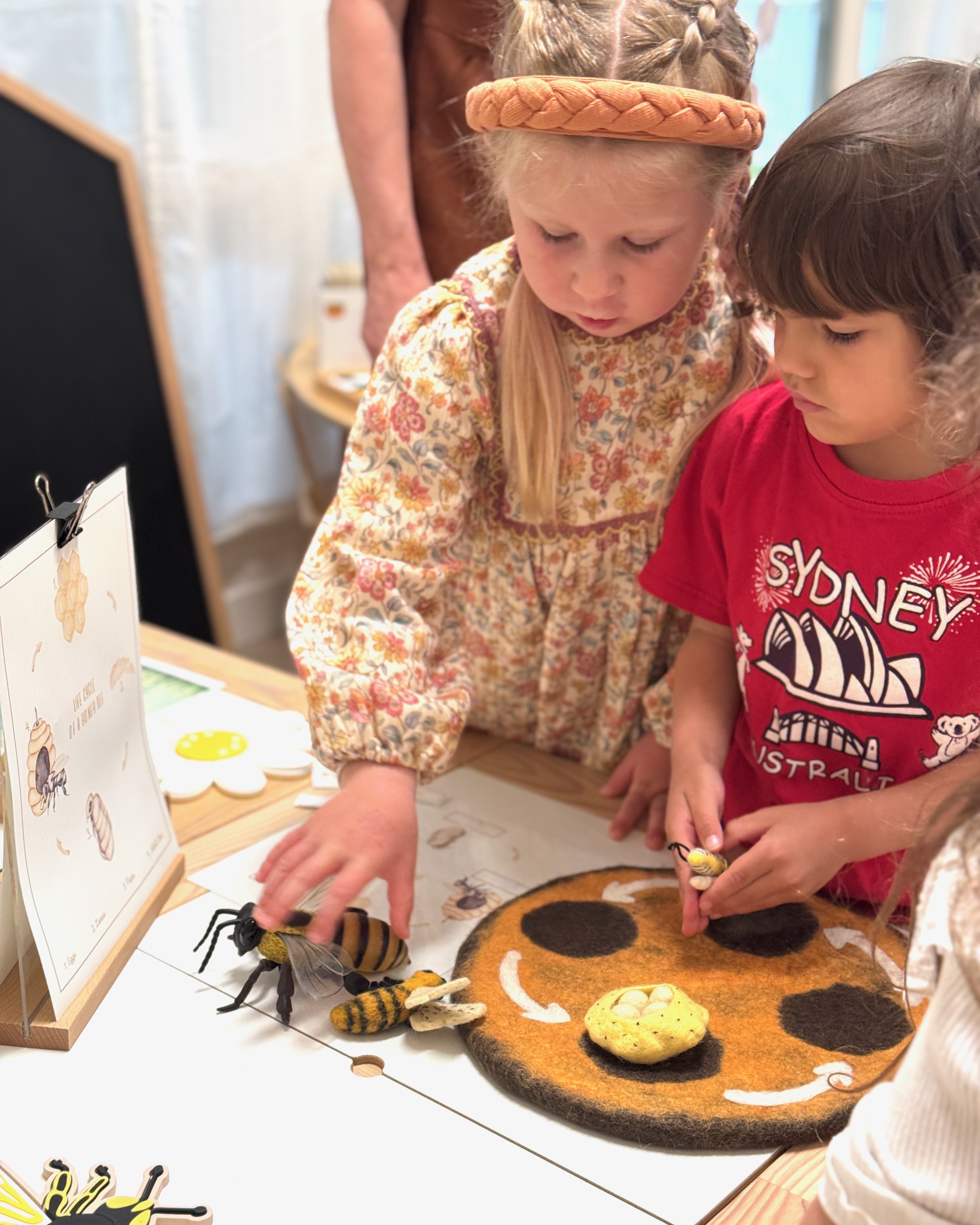Children investigating the life cycle of a honey bee